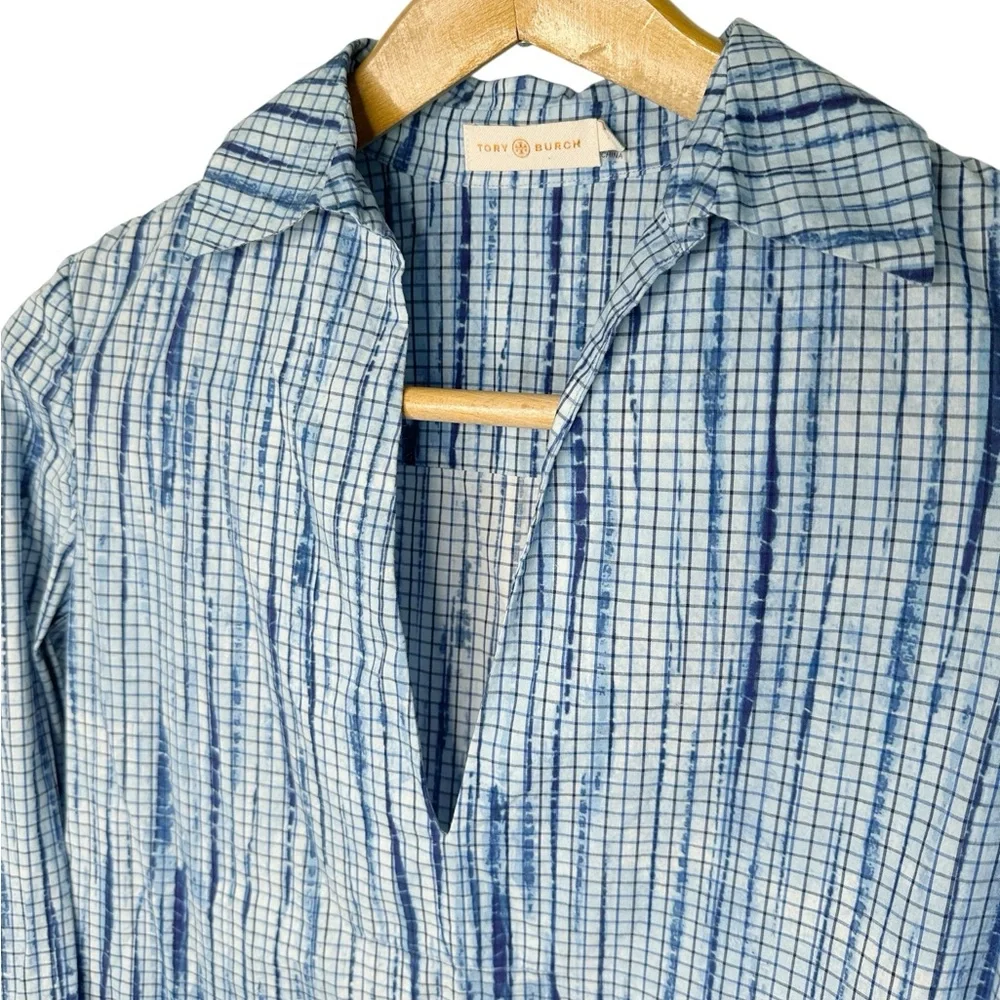 Tory Burch Popover Blouse Size 2 Blue Grid Ikat Print Coastal Prep Barrel Cuffs